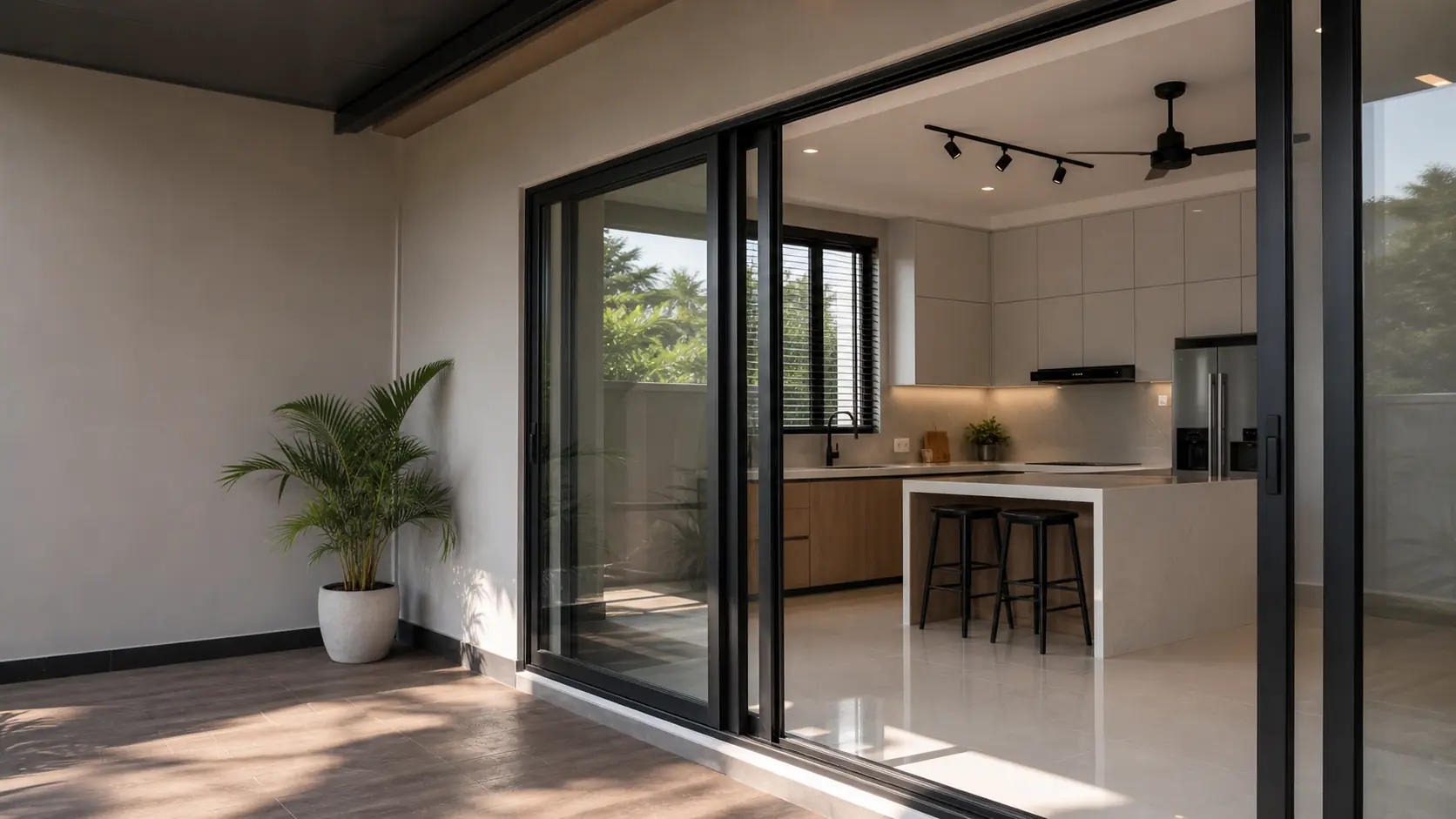 Black aluminium sliding doors opening onto a modern fitted kitchen